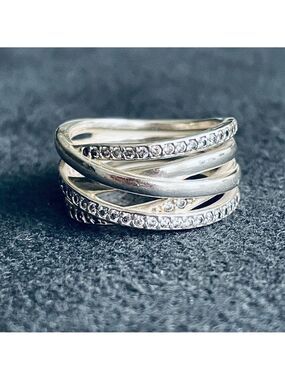 PANDORA CROSSOVER SPARKLING & POLISHED STERLING SILVER CZ WIDE BAND RING…